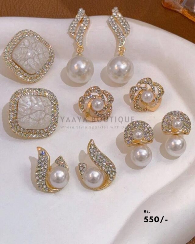 Regal Pearl & Crystal Stud Collection – Elegant Statement Earring Set