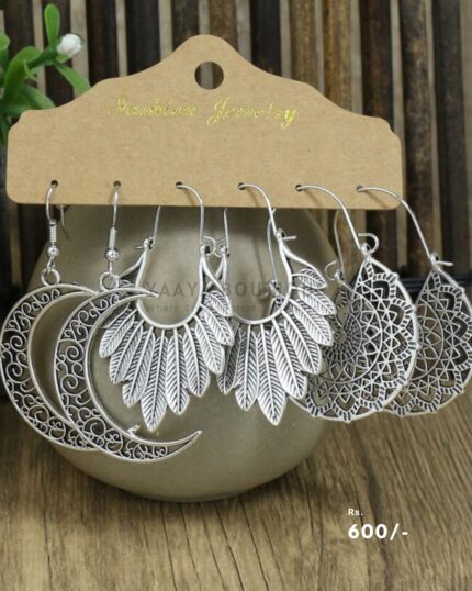 Silver Bohemian Moon & Feather Earring Set – Antique Filigree Dangle Collection