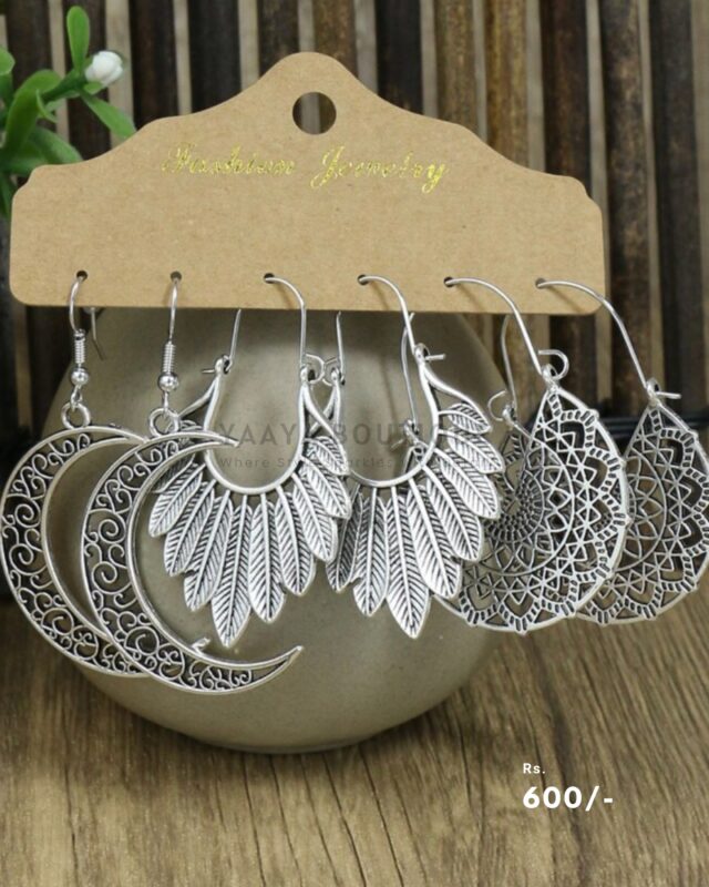 Silver Bohemian Moon & Feather Earring Set – Antique Filigree Dangle Collection