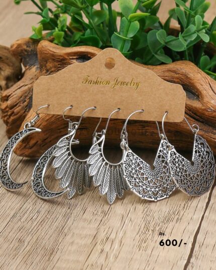 Silver Bohemian Moon & Feather Earring Set – Antique Filigree Dangle Collection