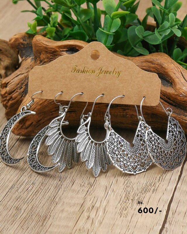 Silver Bohemian Moon & Feather Earring Set – Antique Filigree Dangle Collection